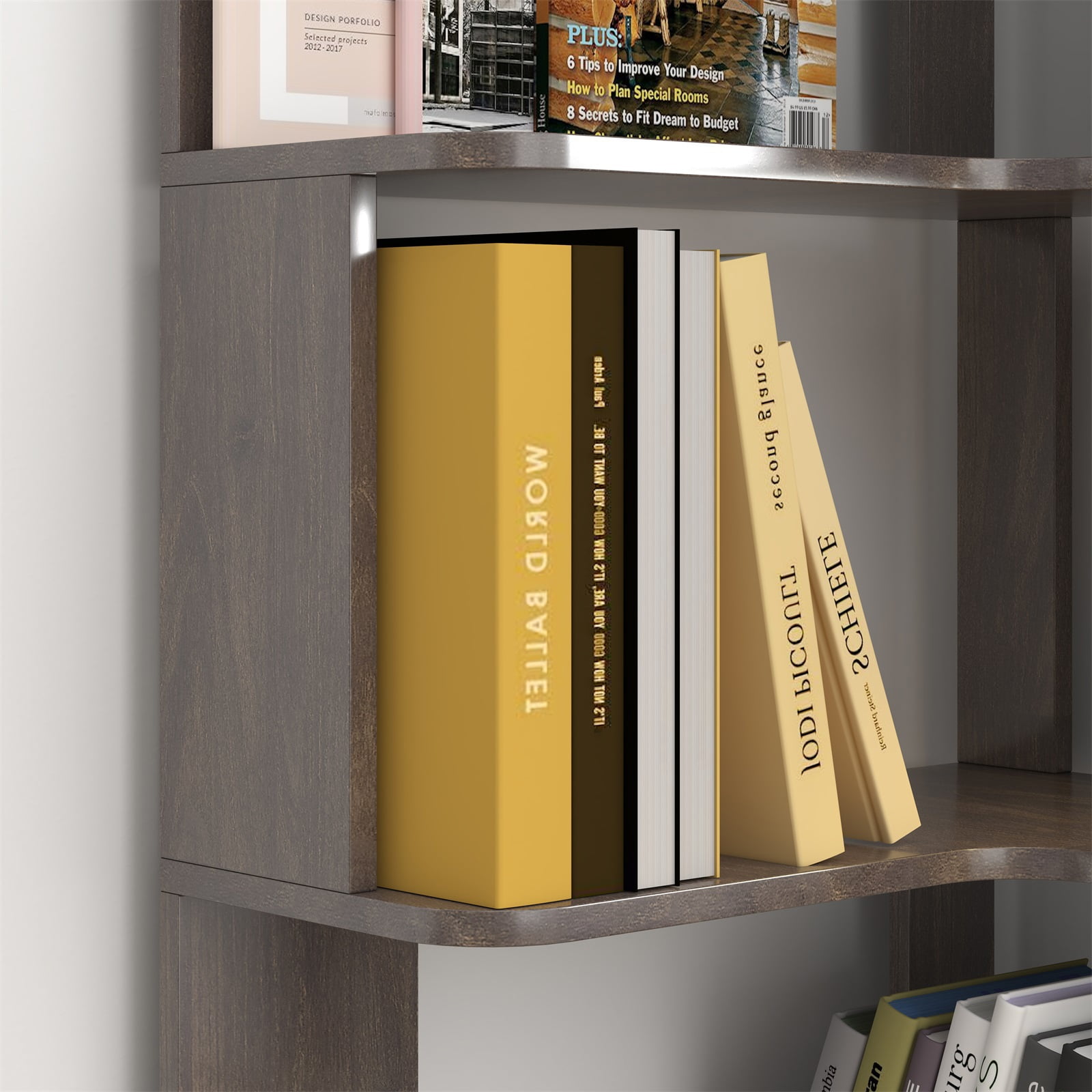 Hommoo 6-Tier Freestanding L-Shaped Corner Bookshelf Display Shelf, Wooden Bookcase Multifunctional Open Storage Rack Organizer, Dark Brown