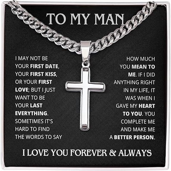 Cross Necklace with Cuban Link Chain for Men, Birthday Gift for Husband Boyfriend from Wife Girlfriend with Message Card and Gift Box, Men Jewelry Gift, Necklace for Men