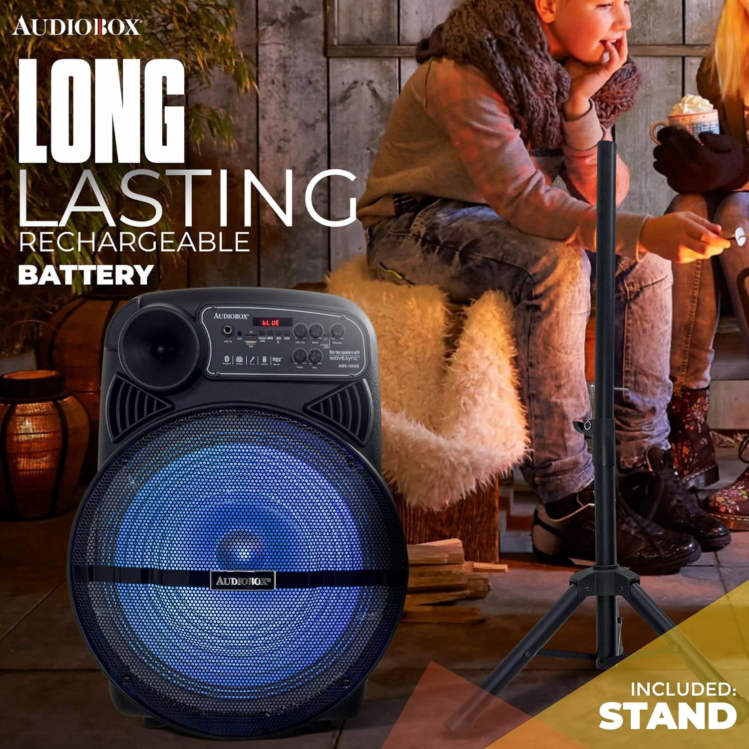 Audiobox ABX-1550S 15" Portable Party Bluetooth Speaker with LED Lights, Stand, Wireless Mic, and Rechargeable Battery – Ideal for Outdoor Events, Karaoke, and House Parties