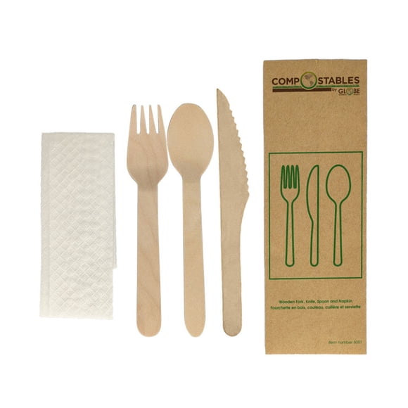 Fourchette en Bois, Couteau, Cuillère et Serviette dans un Sac en Papier