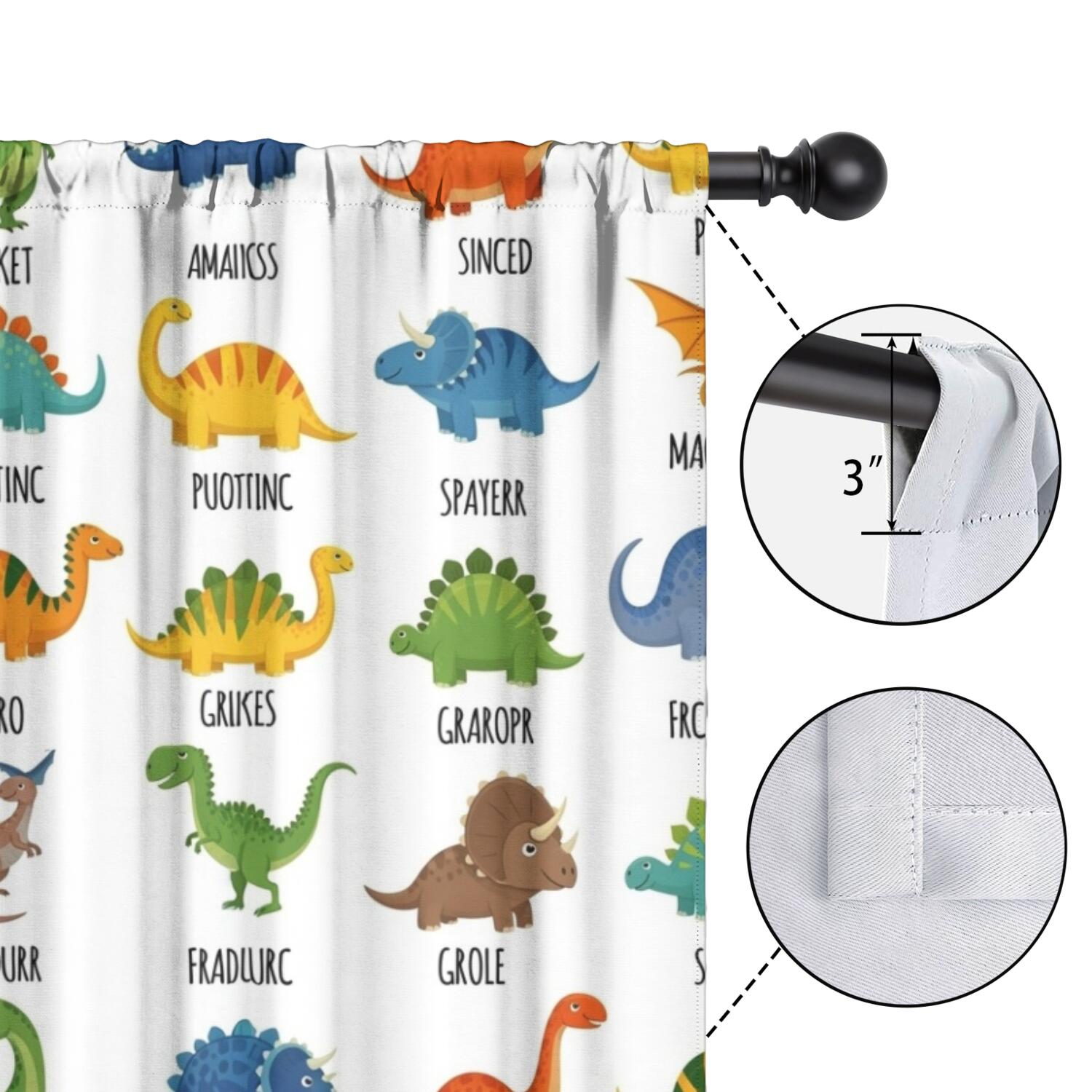 Blackout Kids Curtains,White Dinosaurs Random Words Childrens Insulated Curtains Set Of 2,Bedroom Essentials,Toddler Room Decor 42"x84"