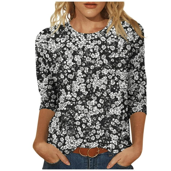CYMMPU Loose Fit Round Neck 3/4 Sleeve Tunic Tops Spring Tops Floral Printed Blouses for Women Dressy Casual Fall Trendy Shirts Lightweight Basic Tees Multicolor XXXXL