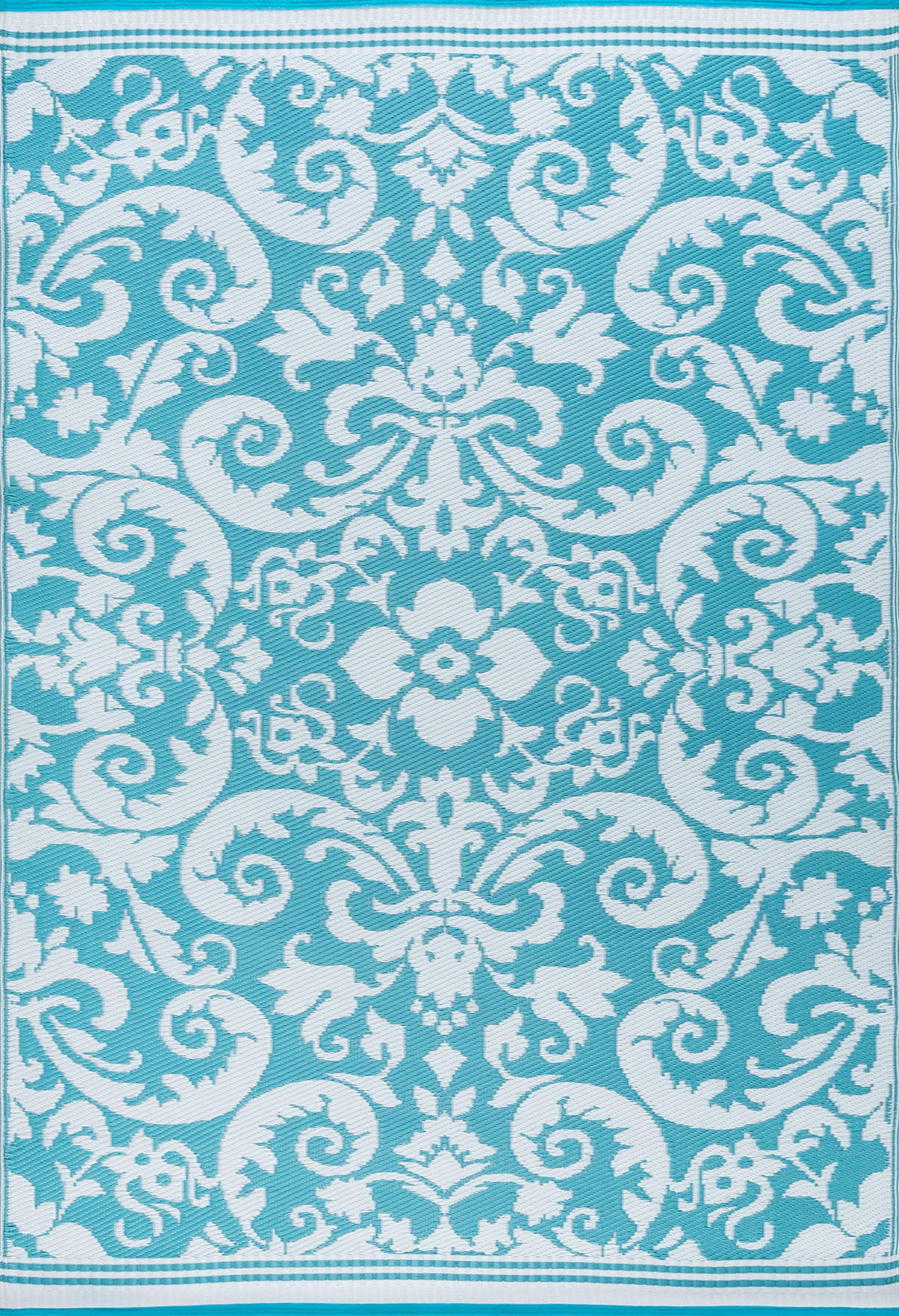 8x10 Reversible Aqua and White Polypropylene Outdoor Scroll Area Rug