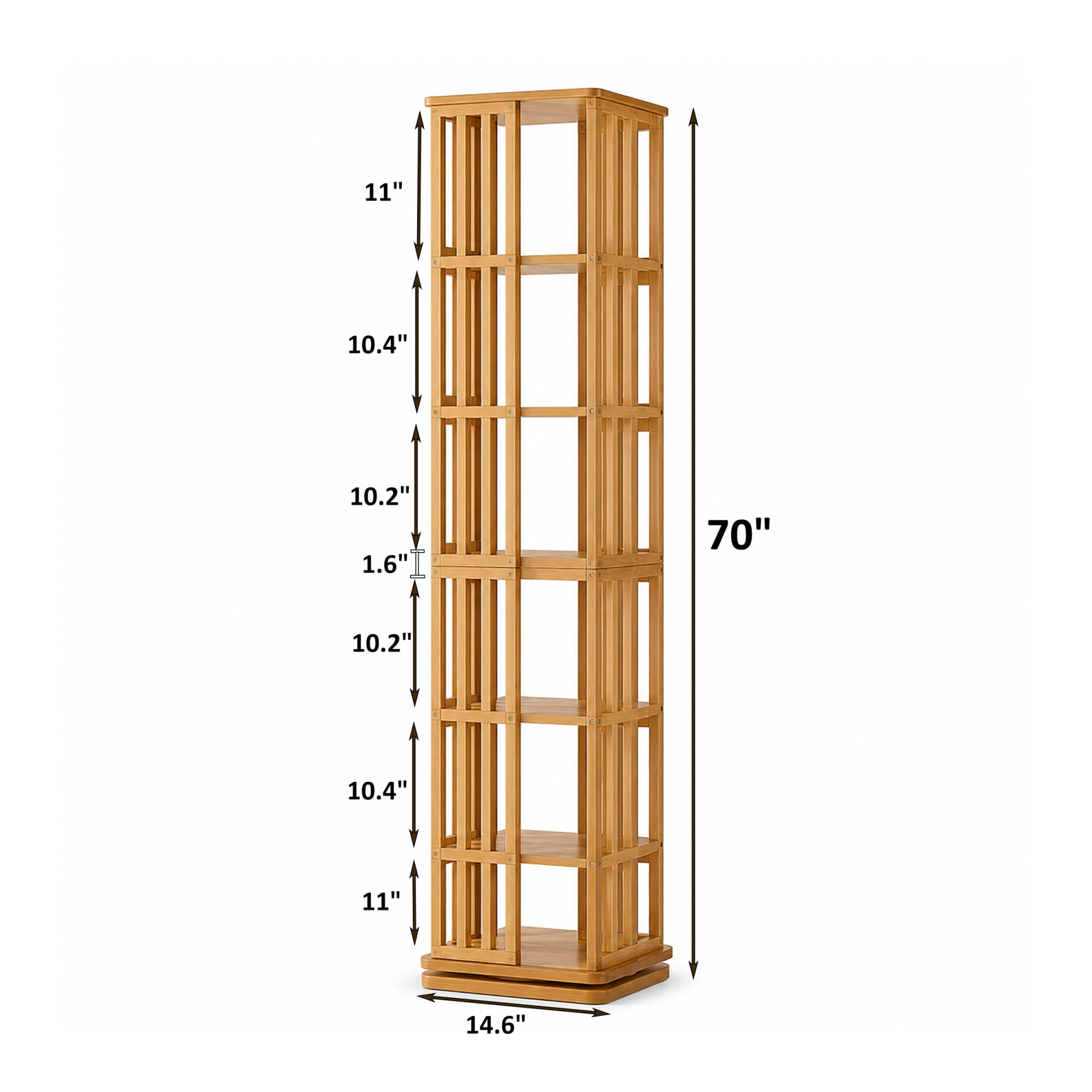 Leumius 6-Tier Rotating Bookshelf, 360° Display Spinning Bookcase, Bamboo Bookshelf Floor Standing Storage Rack, Wood Narrow Book Shelf Organizer for Kids Adults