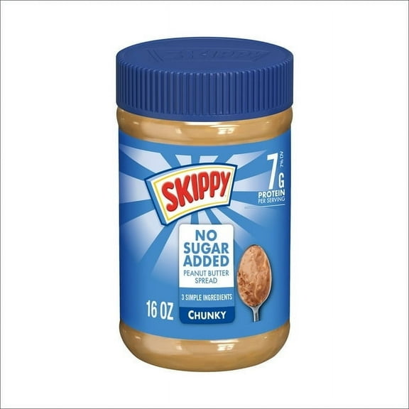 SKIPPY Chunky Peanut Butter Spread No Sugar Added, 7 g Protein Per Serving, Shelf-Stable, 16 oz Plastic Jar -Pack of 2