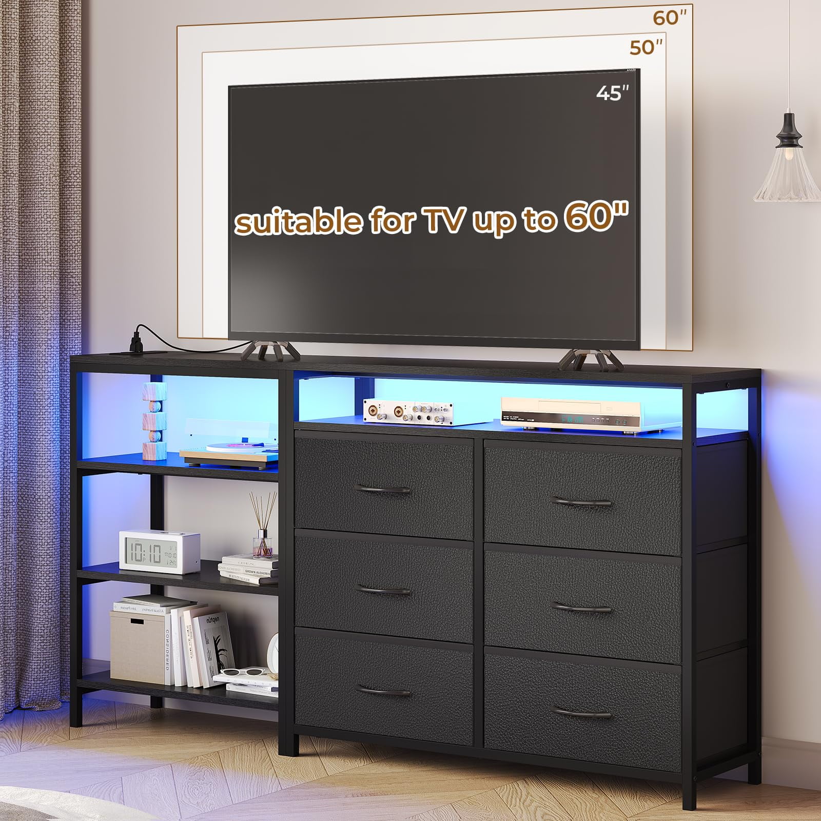 Afuhokles 6 Drawer Dressers for Bedroom with Charging Station and LED Light, 6 PU Drawers, 3 Open Shelves, Black