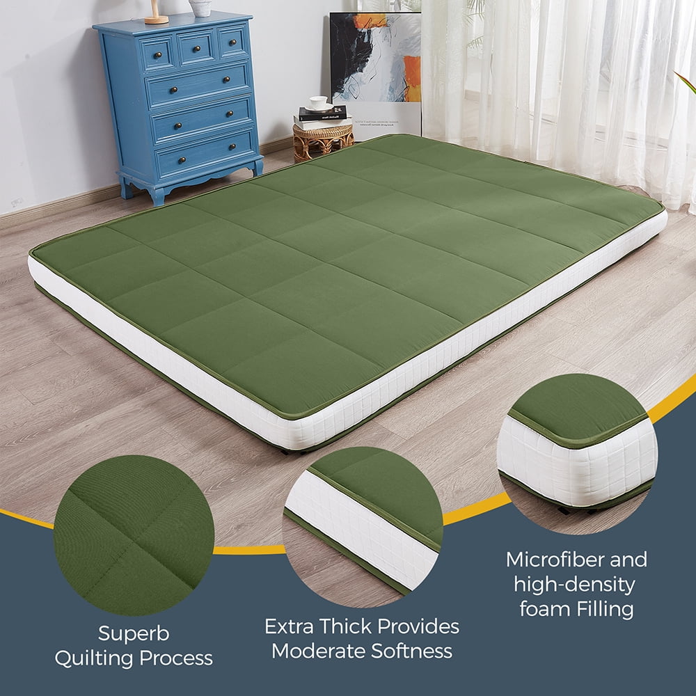 GOODONE 6" Thick Futon Mattress,Padded Japanese Floor Mattress Quilted Bed Mattress Topper,Extra Thick Folding Sleeping Pad,Green,Full Size