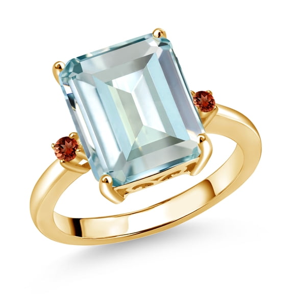 Gem Stone King 18K Yellow Gold Plated Silver 12X10MM Sky Blue Simulated Aquamarine and 2MM Red Garnet 3 Stone Engagement Ring for Women | 5.51 Cttw | Gemstone March Birthstone | Size 6