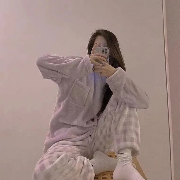 Conjunto de pijama de franela a cuadros para mujer, a la moda ropa de dormir, térmica, gruesa, de felpa, a prueba de viento, para exteriores, estilo japonés