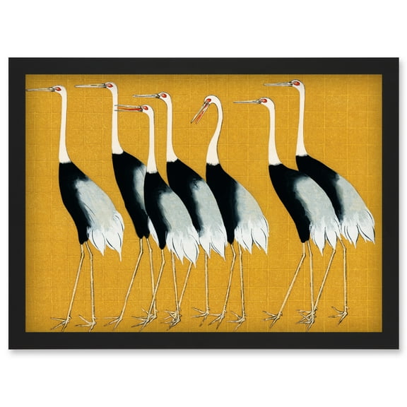 Herons Cranes Flock Birds Ogata Korin Vintage Monochrome Illustration Mustard Yellow Artwork Framed Wall Art Print A4