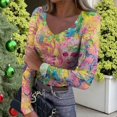 thumbnail image 6 of Mardi Gras Shirts for Women Carnival Feathers Print V Neck Tunic Tops Sparkly Long Sleeve Party Blouse Pink M, 6 of 7