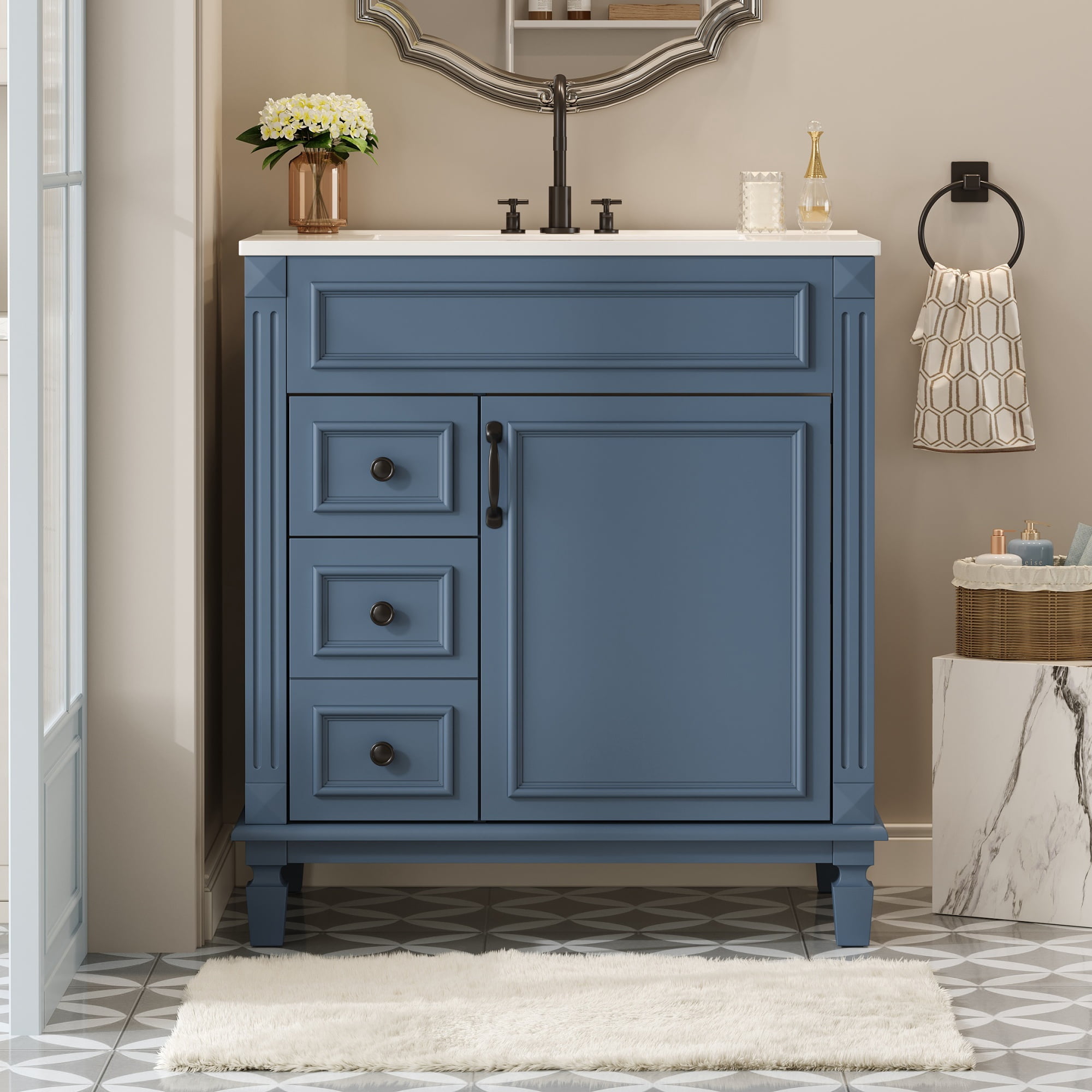 Euroco 30" Bathroom Vanity with Ceramic Sink, Small Bathroom Sink Cabinet, Modern Cabinet with 2 Drawers and Adjustable Shelf