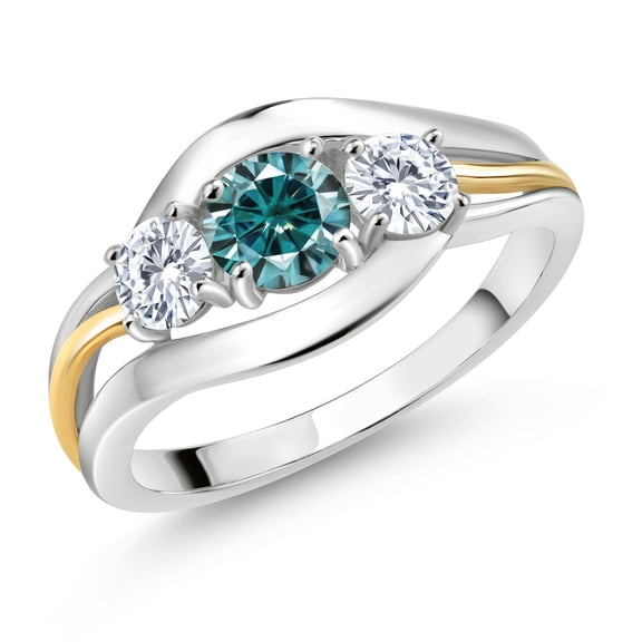 Gem Stone King 925 Sterling Silver and 10K Yellow Gold Round Blue Moissanite and White Moissanite 3 Stone Ring for Women (0.96 Cttw, Size 8)
