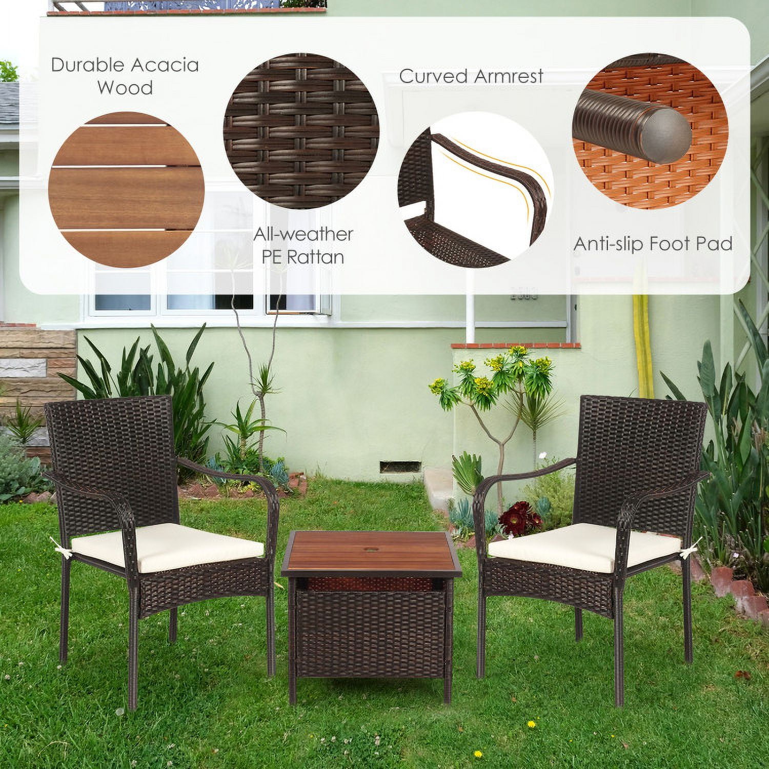 Aimee Lii 3 Pieces Patio Rattan Bistro Set with Wood Side Table and Stackable Chair, Outdoor Patio Furniture