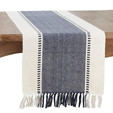 

Fennco Styles Dobby Striped Cotton Textured Table Runner 16 W x 72 L - Navy Blue Knotted Tassels Table Cover for Home Décor Dining Table Banquet Family Gathering and Special Occasion