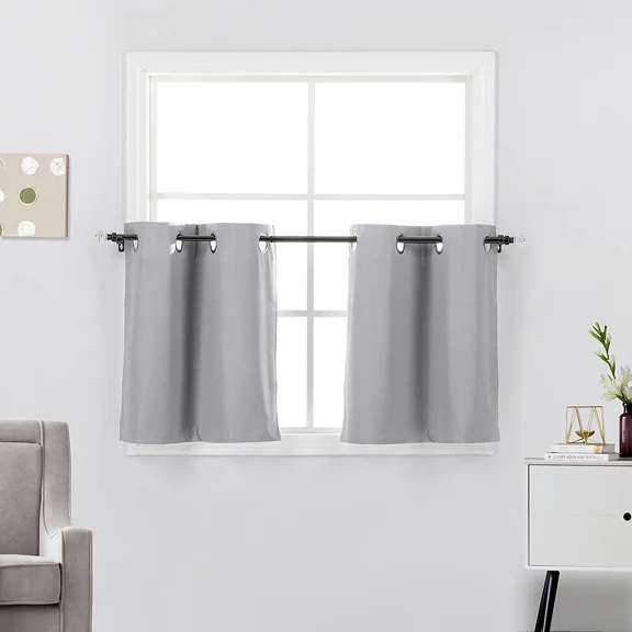2 Piece Grommet Top 100% Blackout Window Treatment Curtain Tiers Set, 27"W x 36"L - Silver