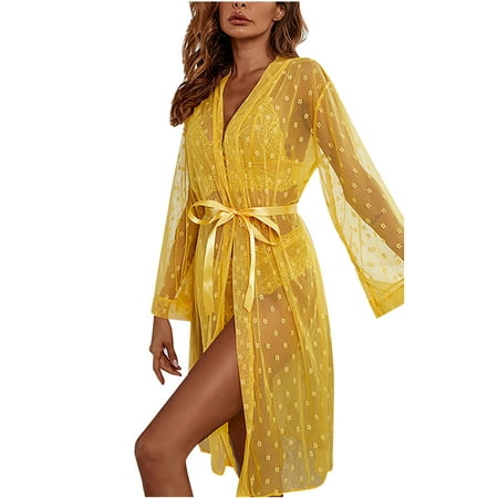 

Kakina CMSX Womens Pajamas Sets Clearance Women s Nightgown Sexy Gauze Perspective Nightgown 4-piece Long Robe Bra Underpants Suit