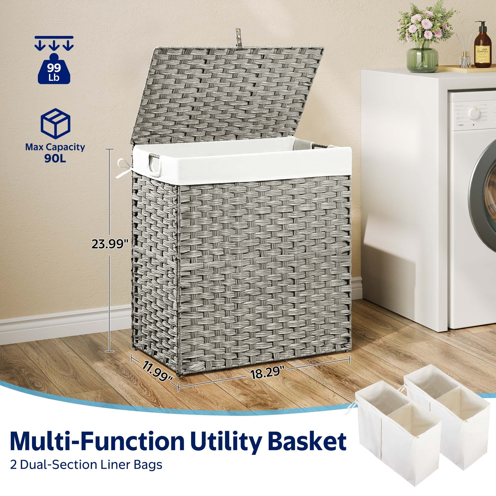 Rolanstar 90L Laundry Hamper Wicker Laundry Basket with Lid, Handles Clothes Hamper Foldable with 2 Removable Liner Bags, Gray