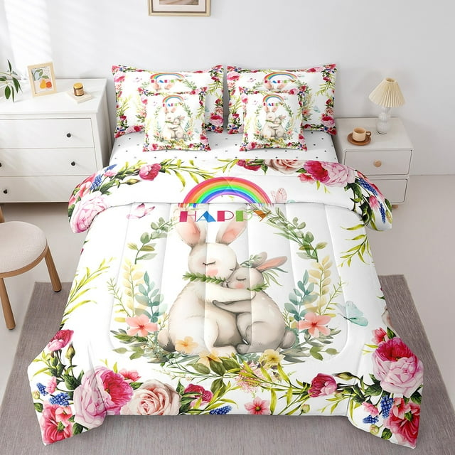 YST Pink Floral Rabbit Comforter Set King 7 Piece Colorful Butterfly Flower Bed in a Bag Rustic Home Decor,Tree Branch Green Leaf Bedding Set with 2 Sheets,2 Pillowcases,2 Throw Pillow Covers