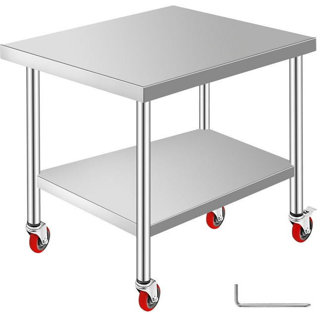 VEVOR Table de Travail en Acier Inoxydable 30x36x34 Pouces Étagère Réglable à 3 Niveaux avec 4 Roues Table de Travail Commerciale Robuste pour Préparation des Aliments avec Frein pour Préparation en Cuisine