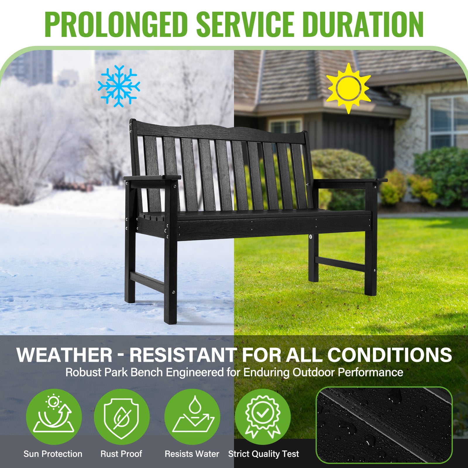 Backyard Expressions Poly Patio Bench (800 Lb Capacity) – Weatherproof Outdoor Bench, Low Maintenance, Heavy-Duty Recycled Material – Ideal for Porch, Patio & Park (Black Woodgrain Look)