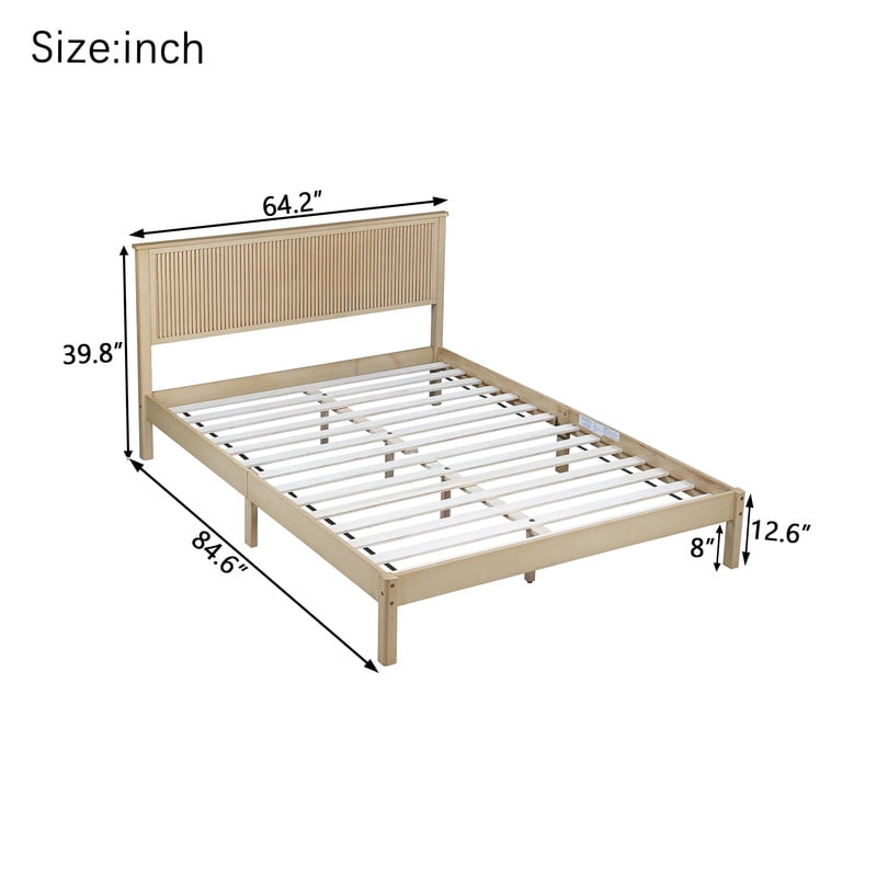 Queen Size Wood Bed Frame with Wave-Fluted Headboard, Low-Profile Platform Bed with Central Support Legs and Under-Bed Space