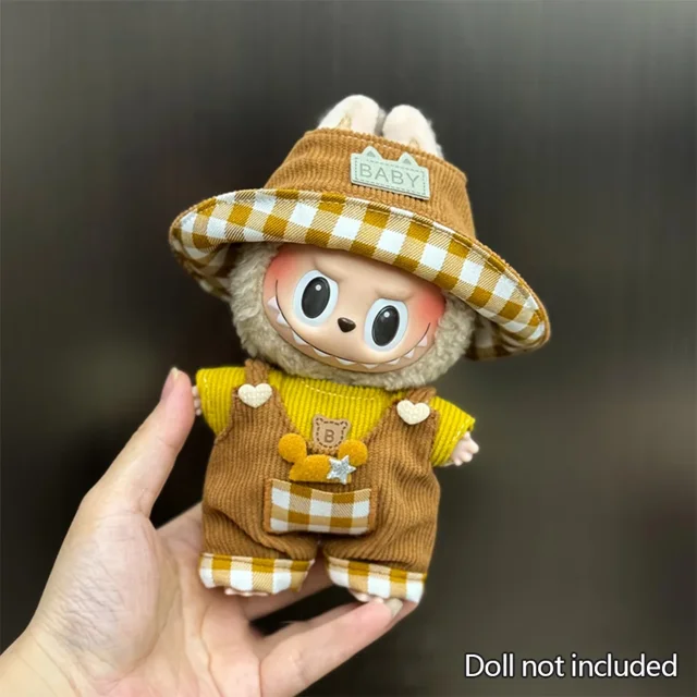 Mini ropa de muñeca de peluche de 17cm, accesorios de atuendo para Corea, Kpop, Labubu, ídolo, fiesta sentada V1 V2, conjunto de sombrero y mono de otoño, ropa