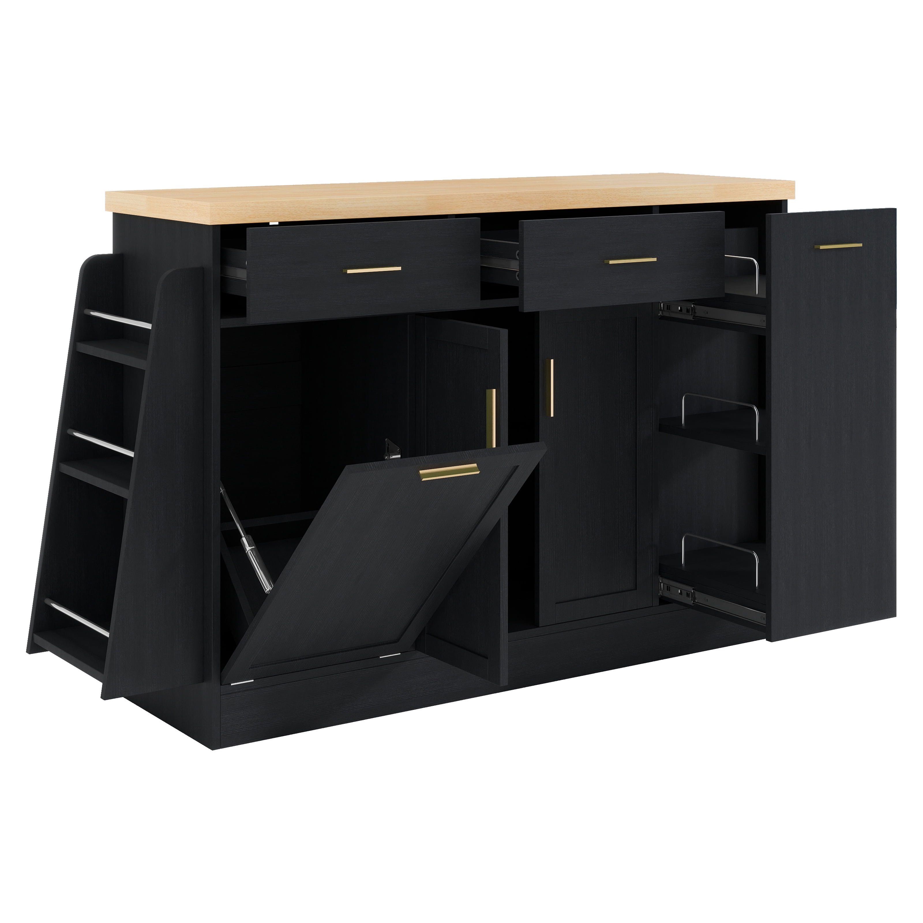 Euroco Farmhouse Buffet Cabinet with Tilt Out Trash Can,48.8" Sideboard Coffee Bar Cabinet with 2 Drawers,Sliding Door Cabinet & 3-Tier Spice Rack,Kitchen Island Table for Kitchen Living Room,Black