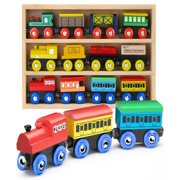 Wooden Train Set 12 PCS - Train Toys Magnetic Set Includes 3 Engines - Toy Train Sets For Kids Toddler Boys And Girls