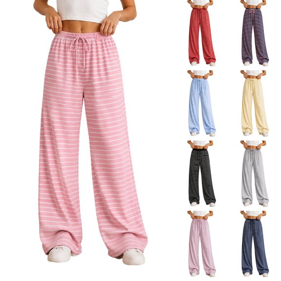 Bosfbaoi Sweatpants for Women Striped Wide Leg Drawstring Elastic Waist Loose Casual Trousers with Pockets