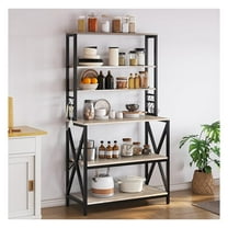 6-Tier Kitchen Bakers Rack, 31.5 Inch Coffee Bar Table, Farmhouse Microwave Oven Stand Cabinet for Small Spaces, Corner Organizer Storage Shelf for Spices and Pots, Grey