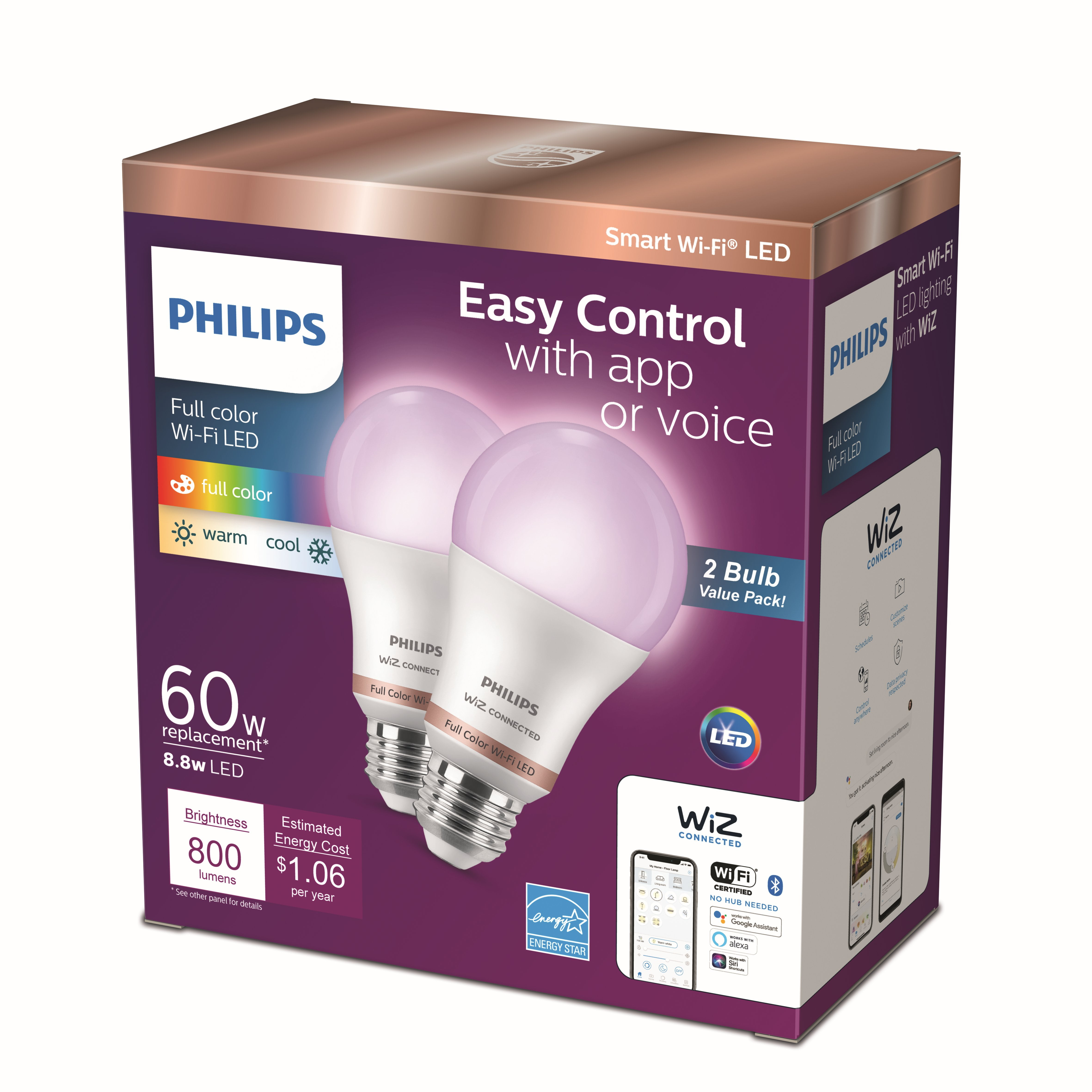 Sanctuary Hassy kamera Philips Smart Wi-Fi Connected LED 60-Watt A19 Light Bulb, Frosted Color &  Tunable White, Dimmable, E26 Medium Base (2-Pack) - Walmart.com