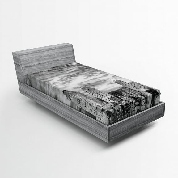 Black and White Fitted Sheet, Skyline Rooftop View of New York in Cloudy Day Panoramic Bust Cityscape, Soft Decorative Fabric Bedding, Twin Size, Black White, by Ambesonne