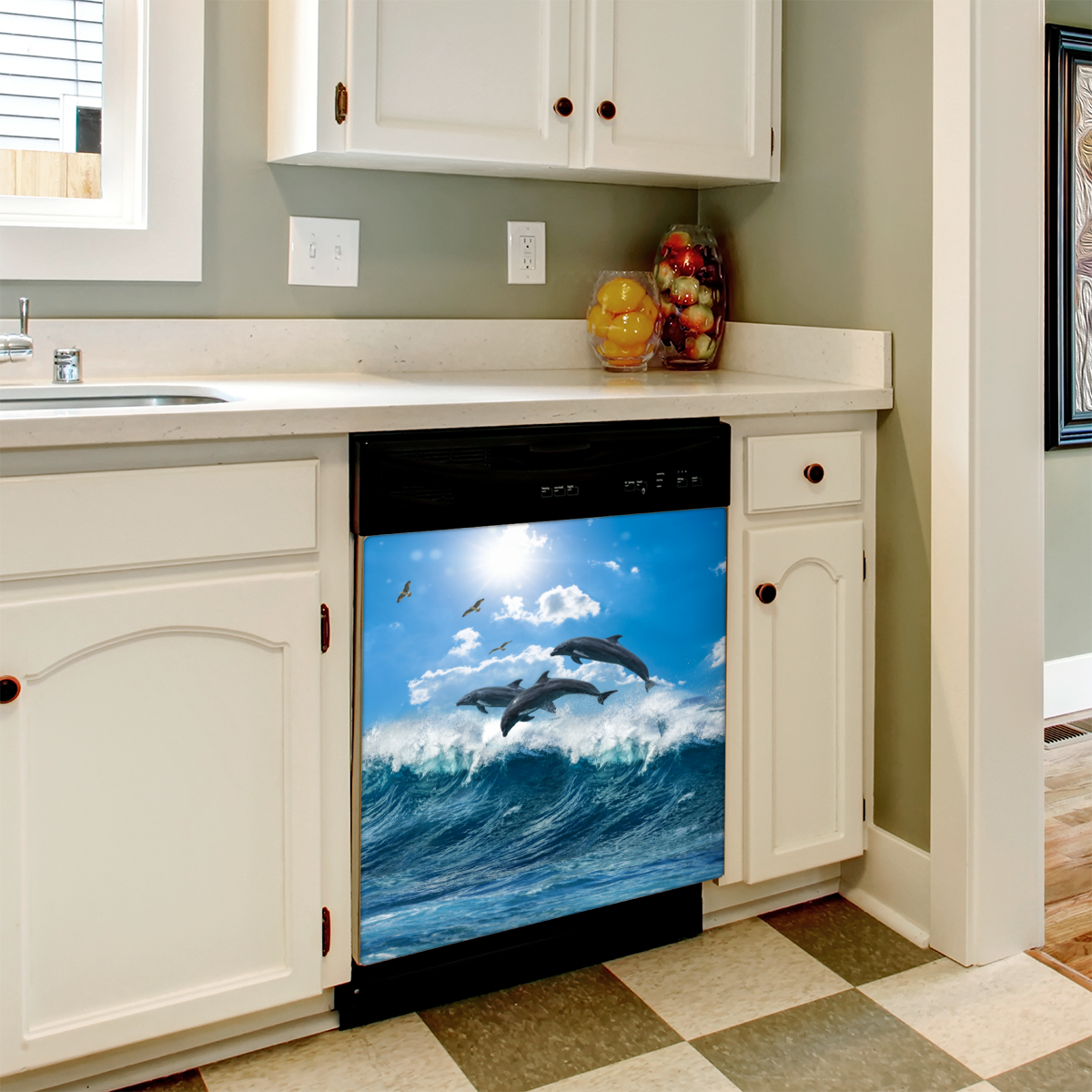 Dishwasher Magnet Cover, Ocean Dolphin Seascape Print, PVC Magnetic Sheet Front Dishwasher Cover Decoration 26x20In, Reusable Waterproof Decorative Appliance Front Wrap