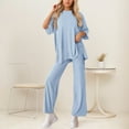 thumbnail image 2 of Fiaer,Womens 3/4 Sleeve Plus Size Solid Lounge Wear Sets,2 Piece Sets for Wide Leg High Waisted Pants and Crew Neck T Shirts,Women's Loose Fit Casual Trendy Lightweight Outfits Set Blue L, 2 of 6