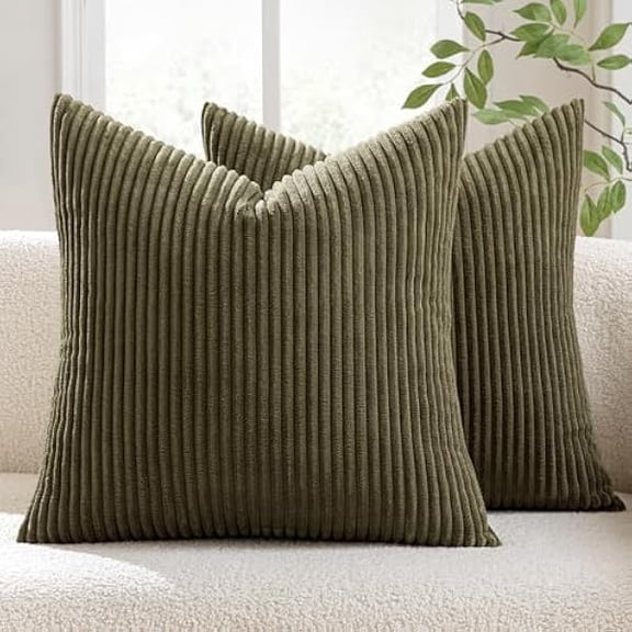 Eryueer Striped Corduroy Fabric Square Throw Pillow Case,Solid Cushion Cover for Sofa Chair Couch/Bedroom Decorative Pillowcases 20x20 Inch 2 Pieces,Olive green