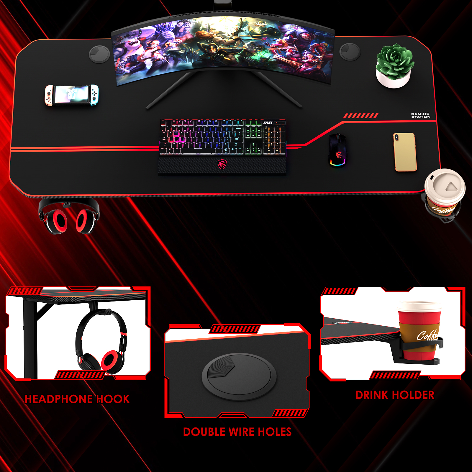 Arlopu 55in Racing Style Gaming Desk, T-Shaped Gaming Computer Table Home Office Workstation with Mouse Pad, Cup Holder & Headphone Hook - image 5 of 8