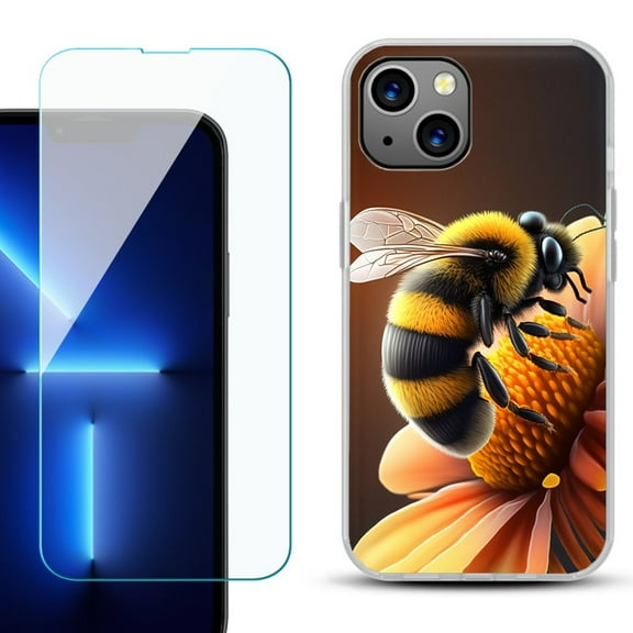 Slim-Fit TPU Phone Case for iPhone 14, with Tempered Glass Screen Protector, by OneToughShield ® - Bee