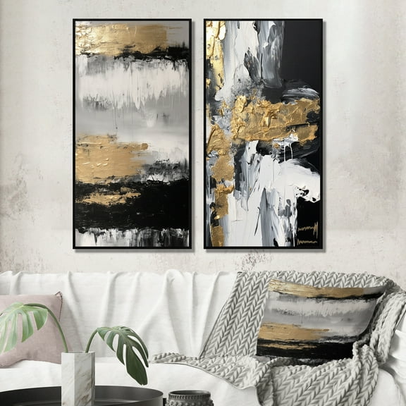 Designart "Horizontal Perspectives Abstract in Gold and Black II" Abstract Painting Framed Wall Art Set Of 2 - Modern Gold Gallery Wall Frame Set For Home Decor