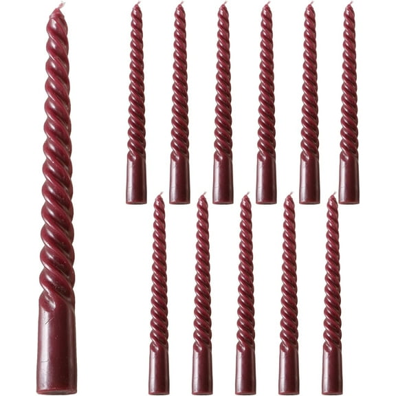 12 Piece Matte  Dark Red Twist Taper Candles, 2 Boxed Sets of 6, 4 Hours Burn Time, Paraffin Wax, 7.75 Inches