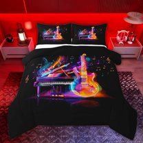 Feelyou Neon Guitar Piano Teen Queen Comforter Set, Musical Note Music Bedding Set, 3pcs