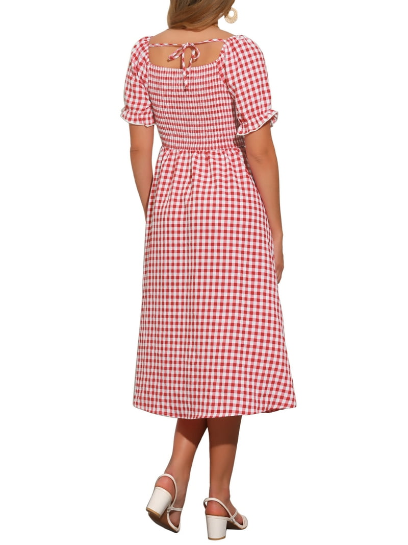 INSPIRE CHIC Women's Midi Dress Puff Short Sleeves Smocked Checks Gingham  Dresses Red XS - Walmart.com