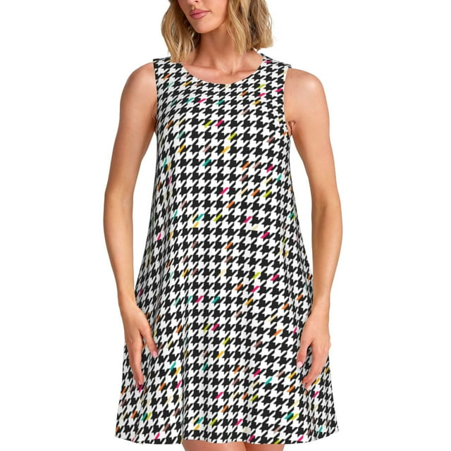 Fotbe Black And White Houndstooth Vestido de Verano sin Mangas para Mujer – Vestido Midi Línea A, Estilo Camiseta Floral, Vestido Playero Casual y Fluido