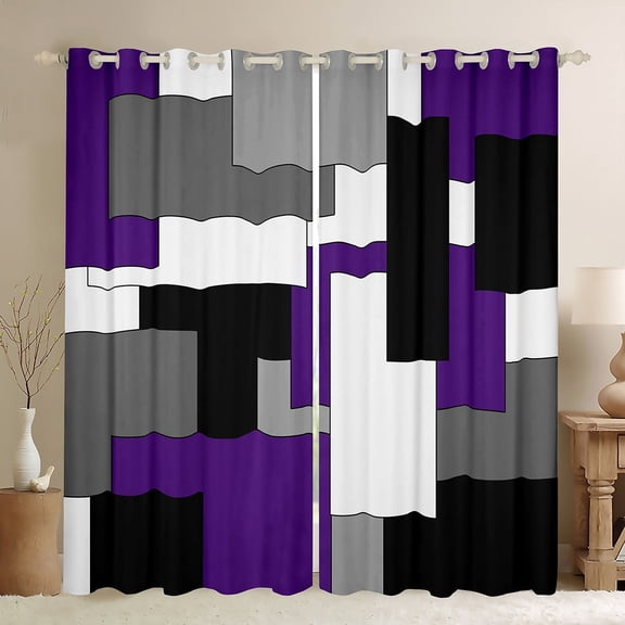 Manfei Black White Gray Purple Black Out Curtains, Geometric Checkered Curtains Pack of 2 (42x63 Each), Abstract Aesthetic Bedroom Curtains, Breathable Room Decor