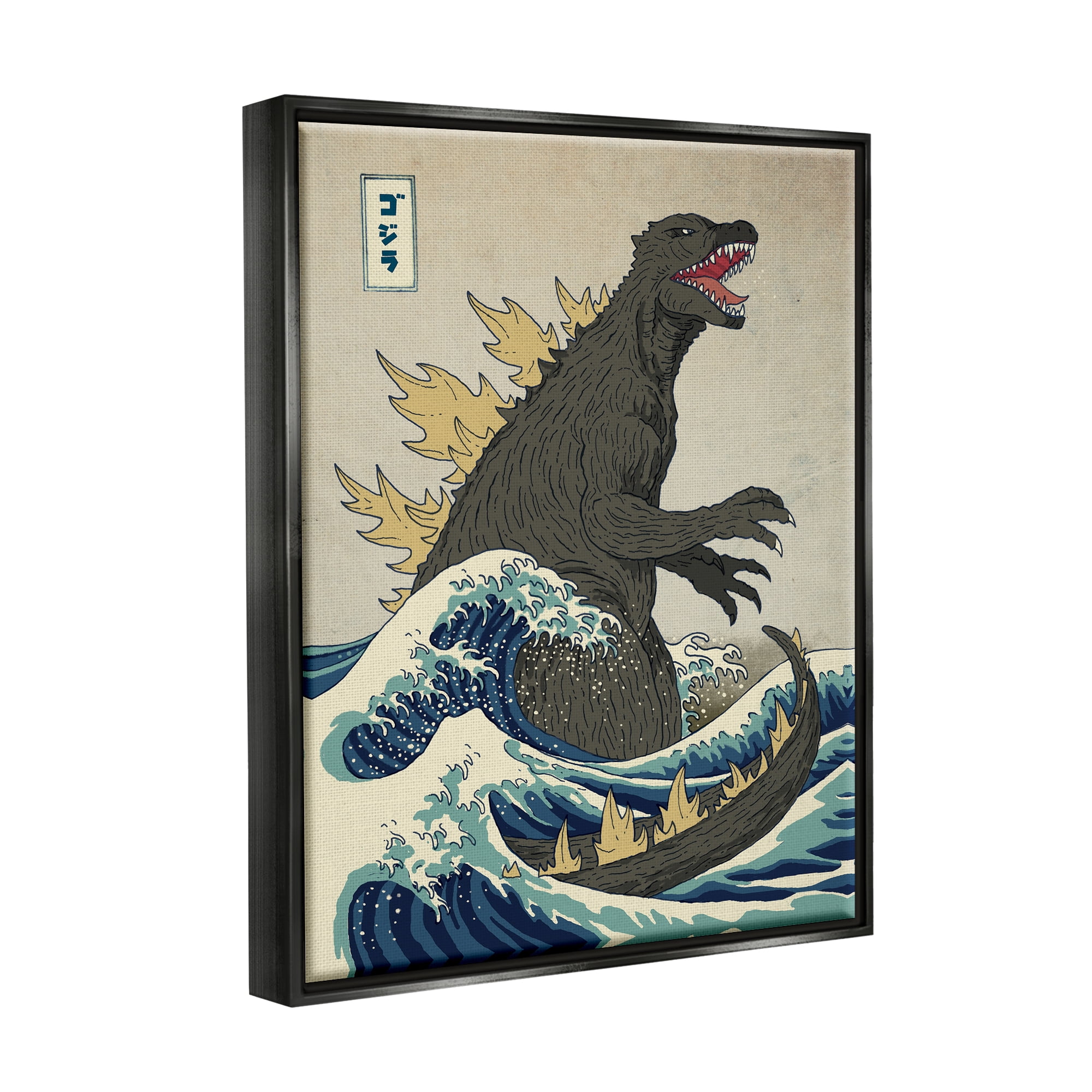 Stupell Industries Godzilla in the Waves Eastern Poster Style Illustration Jet Black Framed Floating Canvas Wall Art, 16x20, by Michael Buxton