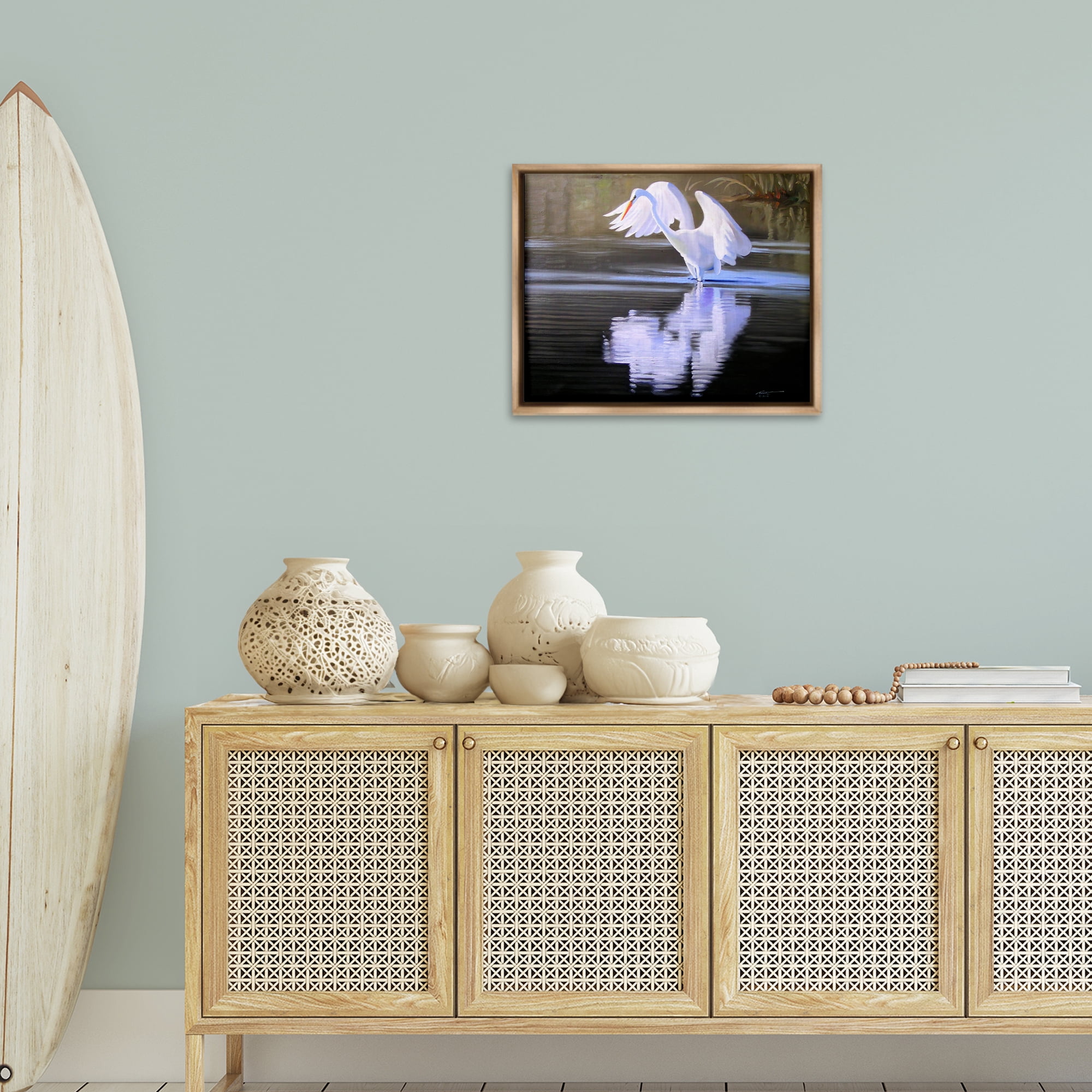 Stupell Industries Egret with Water Ripples Animals & Insects Painting Brown Floater Framed Canvas Art Print Wall Art, 21 x 17