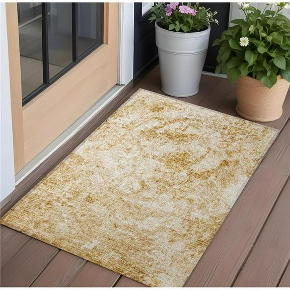 HomeRoots 562650 2 x 3 ft. Cream & Gold Abstract Washable Non Skid Indoor Outdoor Rectangle Machine Woven Area Rug