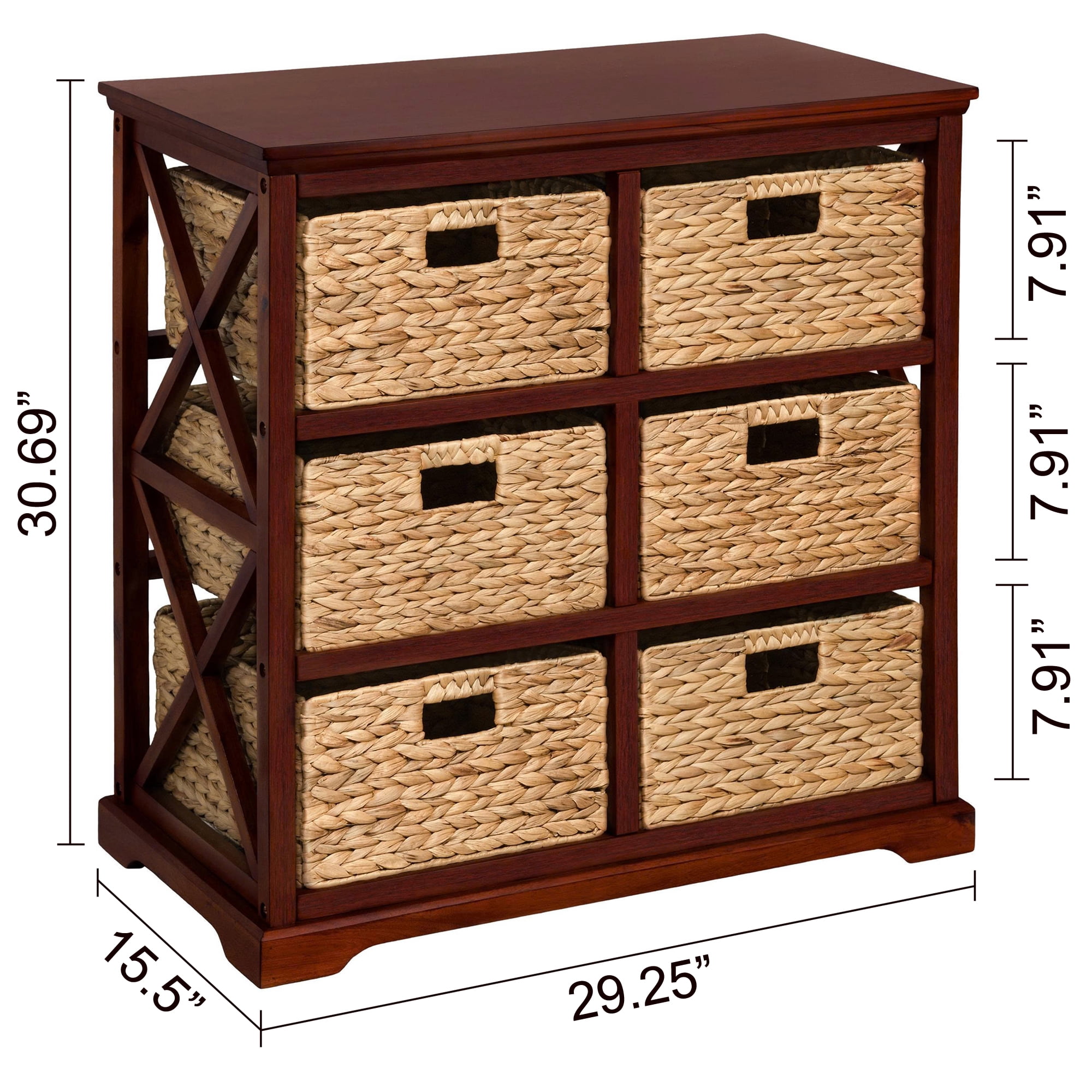 Hampton Meadows 3 Tier X-Side End Storage Cabinet with 6 Wicker Baskets, Cherry