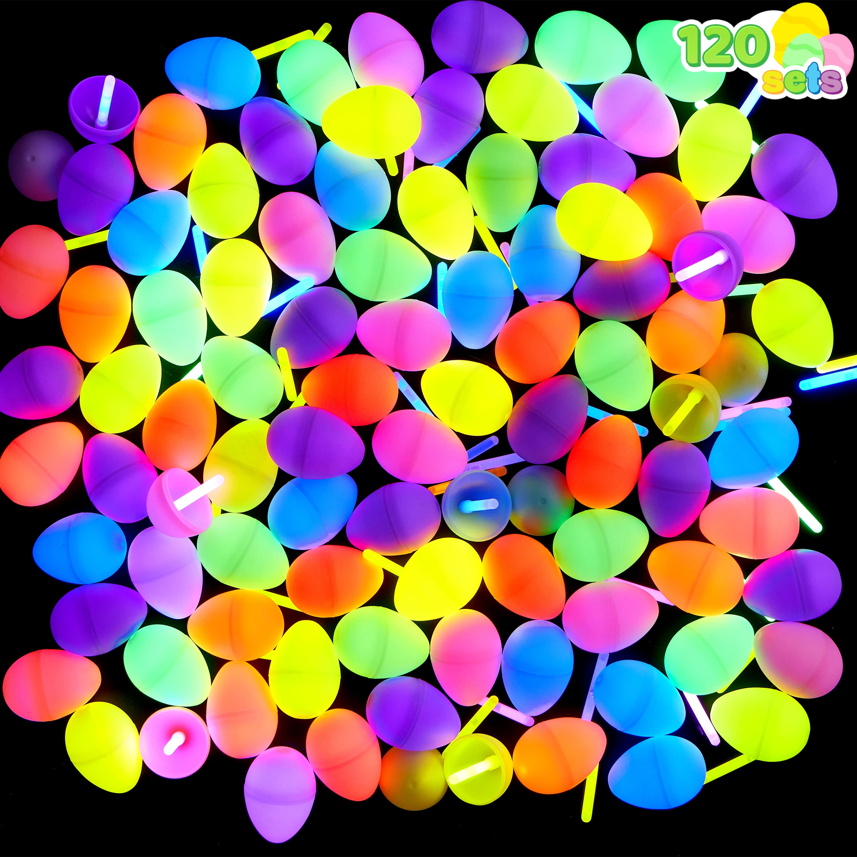 Joyfy 240 Pcs Easter Eggs Filled with Toys (120 Eggs & 120 Sticks),Easter Glowing Eggs Set for Kids,Easter Basket Stuffers Fillers Gift,Easter Eggs Hunt Game Party Favors