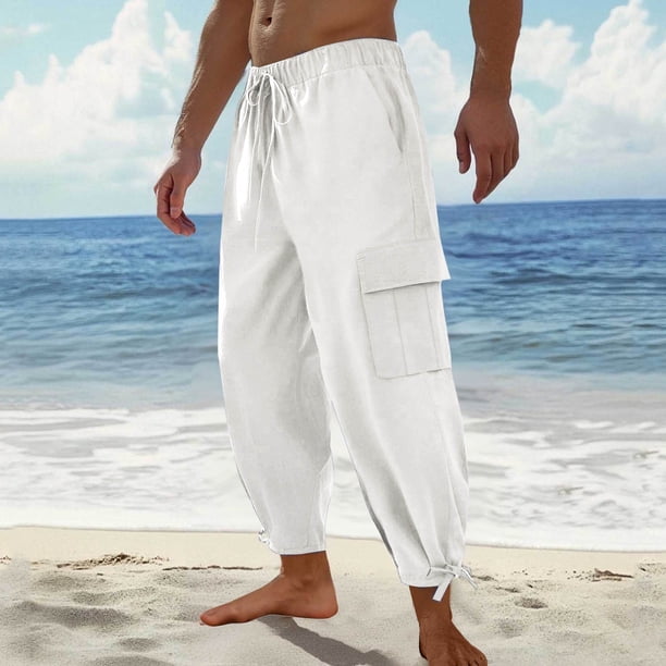Pantalones largos para hombre, de color liso, holgados, informales, con bolsillos grandes, de lino, cintura elástica y cordón ajustable, de poliéster.